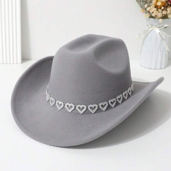 Gray Cowgirl Cowboy Hat Rhinestone Heart Band Rodeo Western Country Festival Cap - Picture 1 of 2